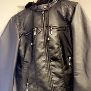 Faux hooded leather zip up